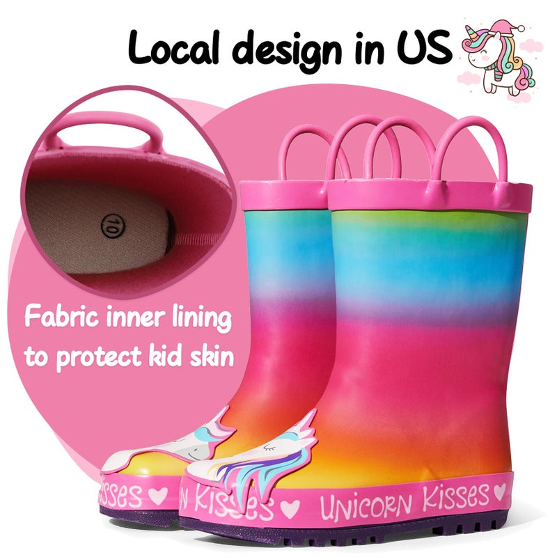 K KomForme Kids Rain Boots Waterproof Printed Rubber boots with Handles, Size 1 Big Kid, Unicorn Kisses - Image 2